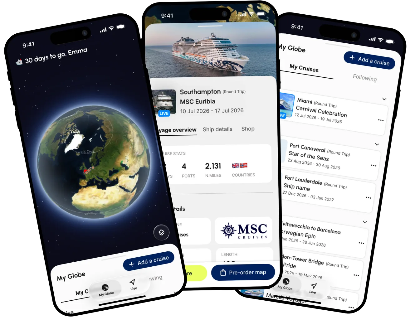 The Cruise Globe app shown on three phones