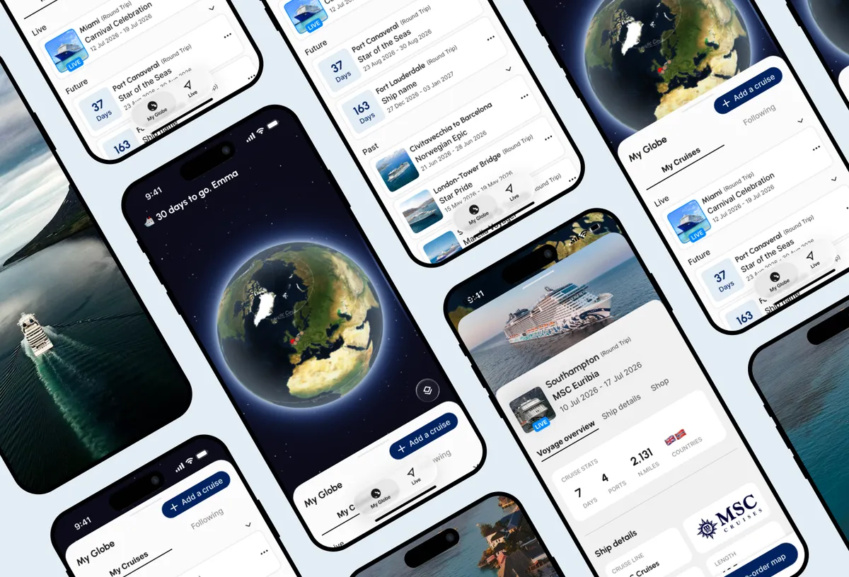 The Cruise Globe app shown across several phones